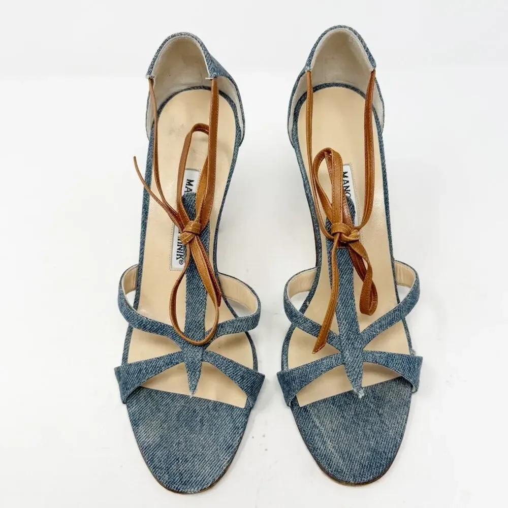 Manolo Blahnik Denim Strappy Sandals Heels Womens Size EU 38.5